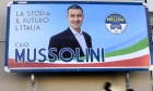 Uno dei manifesti elettorali affissi a Napoli di Caio Giulio Cesare Mussolini, pronipote di Benito Mussolini, allora candidato alle Europee con Fratelli d’Italia: scatto del 10 aprile 2019